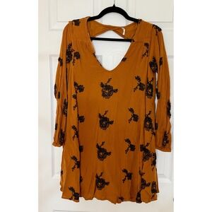 Free People Tunic Dress Women XS Burnt Orange Embroidered Boho Cutout Back